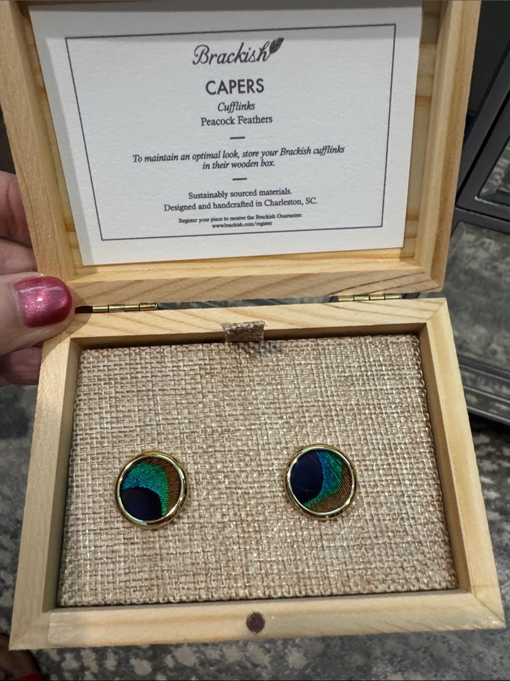 Brackish Capers Peacock Feather Gold-Trim Cufflinks - Green/Blue